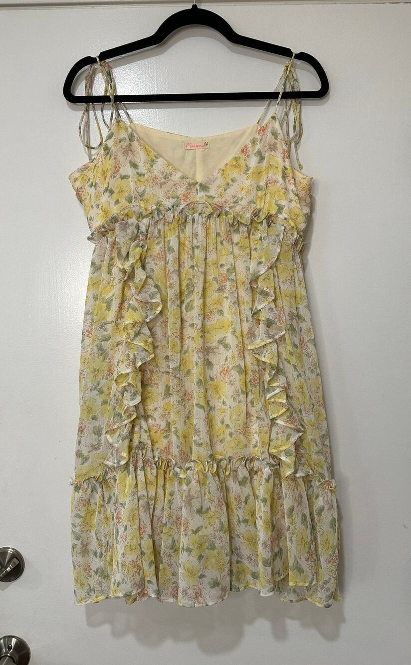 Maronie Anthropologie Floral Ruffle Minidress Yellow Green Rose Size Large NWOT